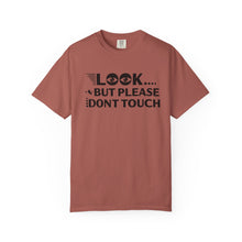 Casual Graphic T-Shirt with Quirky Text, Look But Please Don't Touch, Fun Gift for Friends, Everyday Wear, Light-Hearted Humor